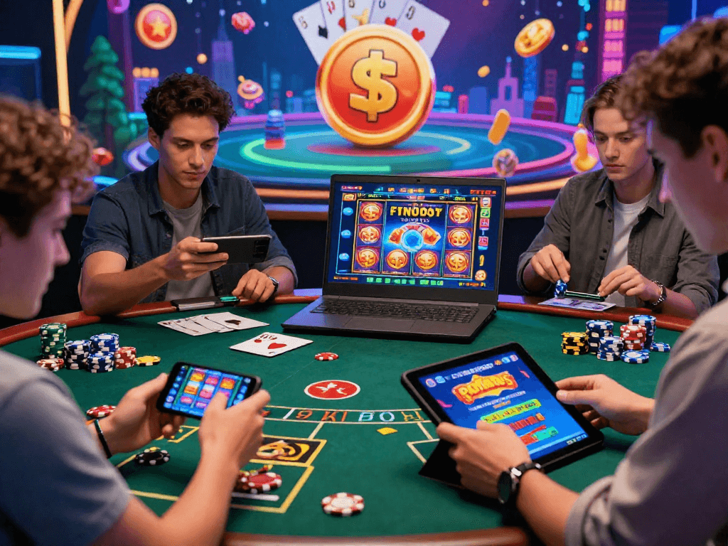 Casino en ligne dynamique avec des joueurs utilisant divers appareils pour jouer à des jeux, illustrant l'expérience pleine d'excitation.