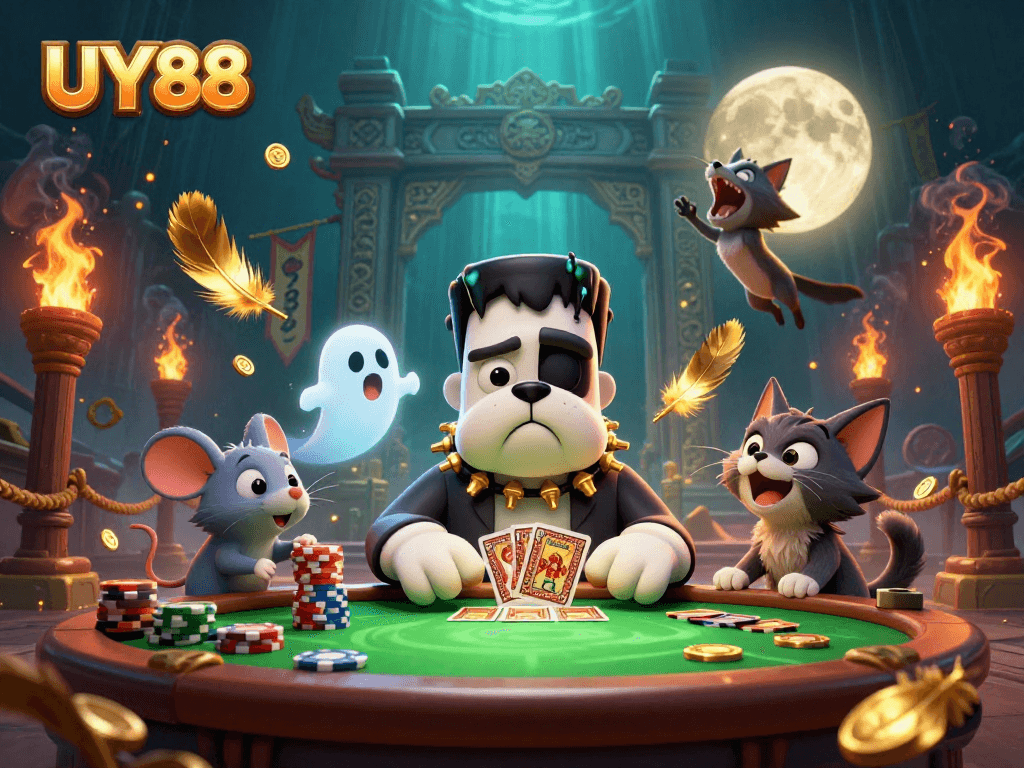 Experience thrilling gameplay at UY88 with a vibrant casino scene featuring animated characters.