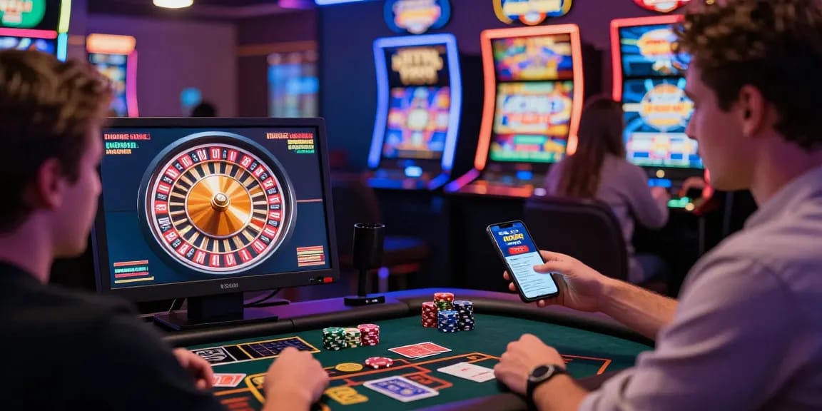 Joueurs dans un casino en ligne fiable, profitant d'une expérience immersive avec des jeux variés.