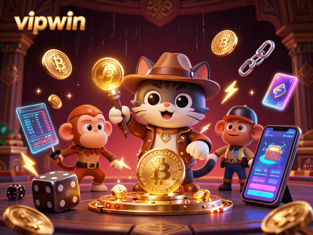 Play thrilling games at vipwin with a cartoon archaeologist cat discovering golden casino treasures.