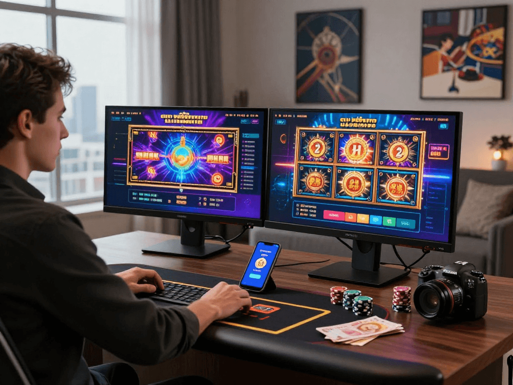 Casino en ligne retrait immédiat 2026 avec joueur profitant de jeux d'argent sur des écrans modernes et un portefeuille crypto.