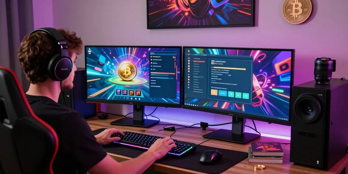 Un joueur profitant d'un casino sans KYC crypto avec des graphiques de jeu colorés sur des écrans modernes.