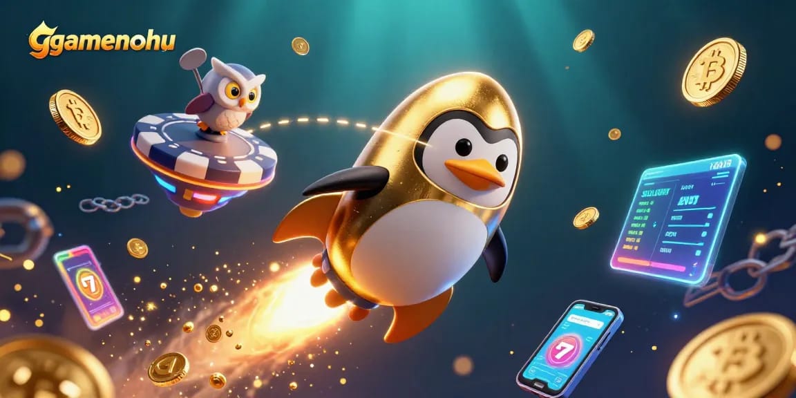 Gamenohu's 3D illustration of a rocket-powered golden penguin and casino themes soaring through vibrant space.