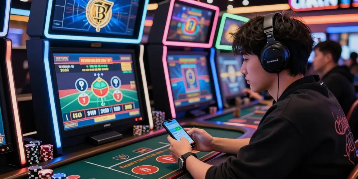 Jeune joueur concentré sur un casino crypto avec retrait instantané, entouré de lumières LED et d'éléments de jeu.