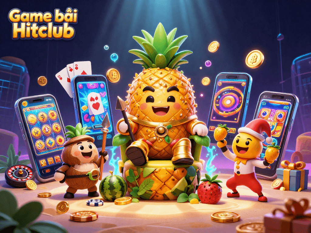 Engage in exciting Game bài Hitclub action with golden pineapple king and rich casino elements.