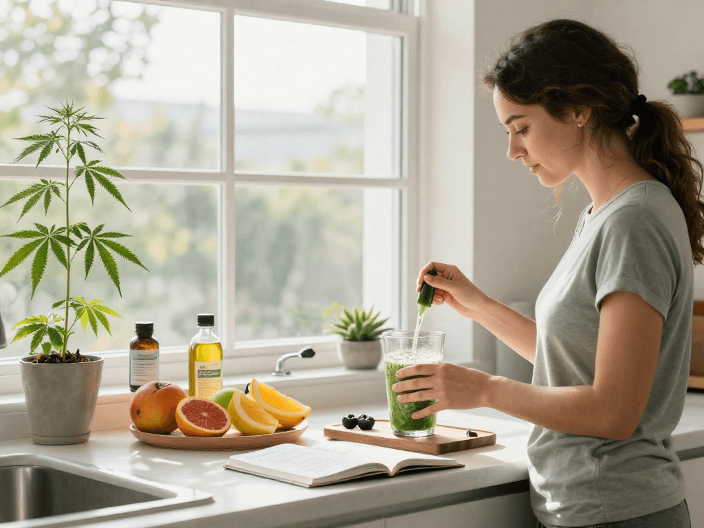 Scène de bien-être avec l'utilisation de CBD dans un smoothie, incluant l'huile CBD, illustrant le casino en ligne retrait instantané.