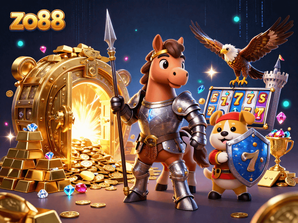 Engage in exciting betting adventures at zo88 with vibrant 3D casino characters surrounded by jackpots and treasures.