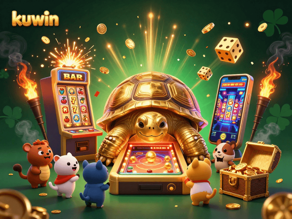Kuwin features a vibrant 3D scene with a golden tortoise pinball machine, captivating players with slot machines and celebratory motifs.