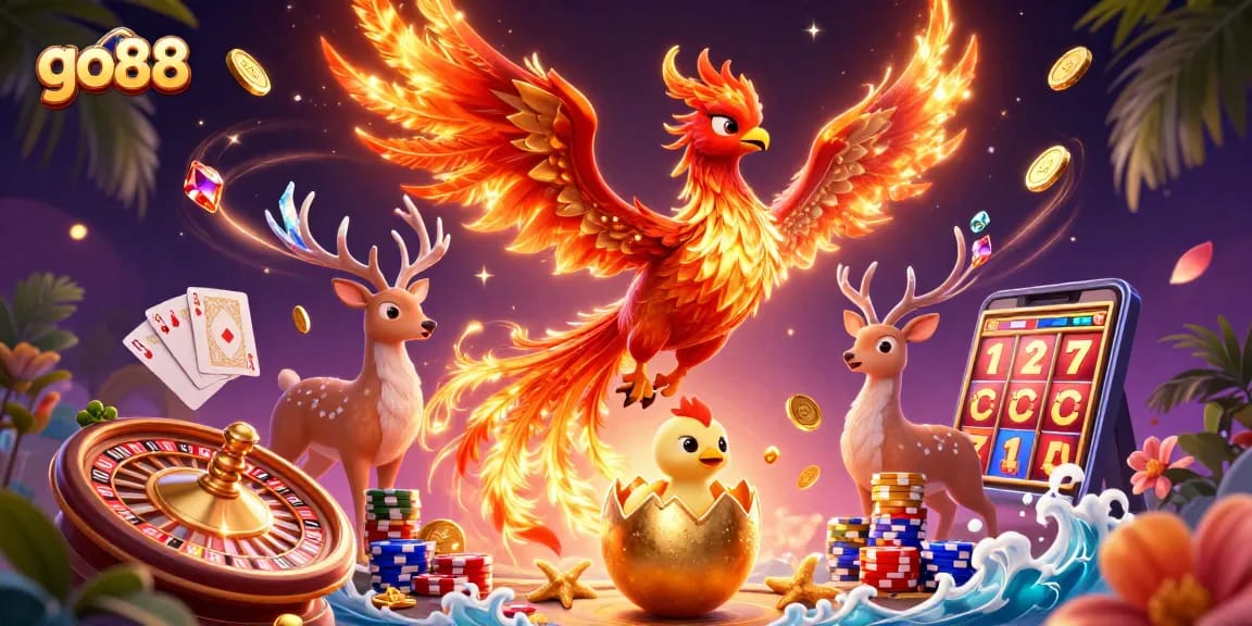 Engage with go88 in a vibrant 3D casino world featuring a stunning phoenix and exciting game elements.