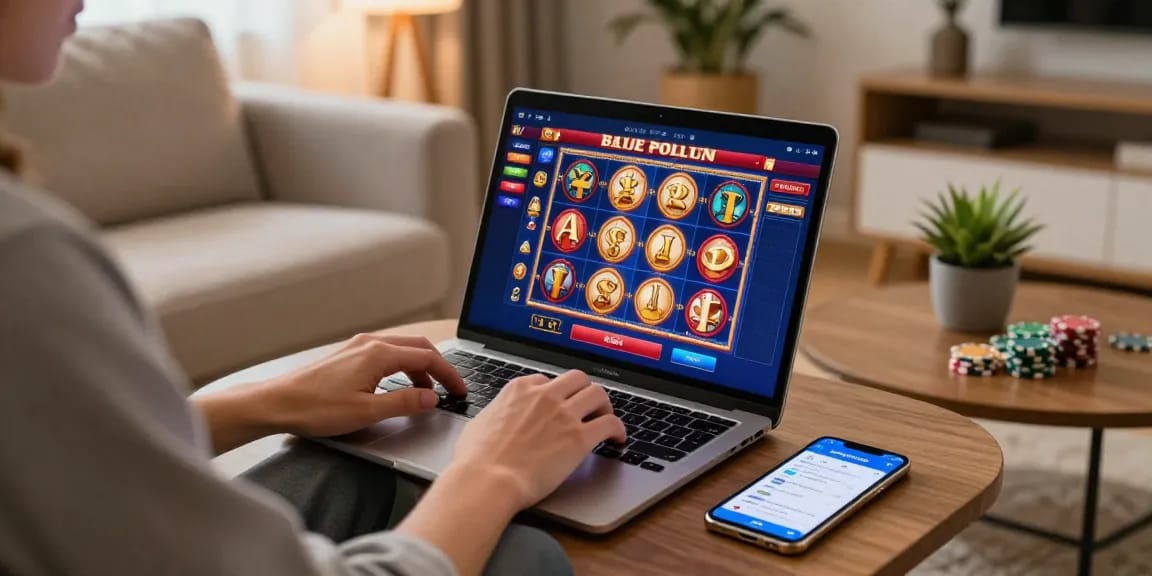 Joueur de casino en ligne retrait instantané dans un salon confortable, jouant sur un ordinateur portable avec des jeux de machines à sous.
