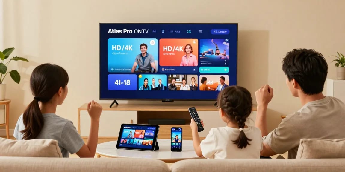 Famille profitant d'Atlas pro sur une TV intelligente en HD et 4K.