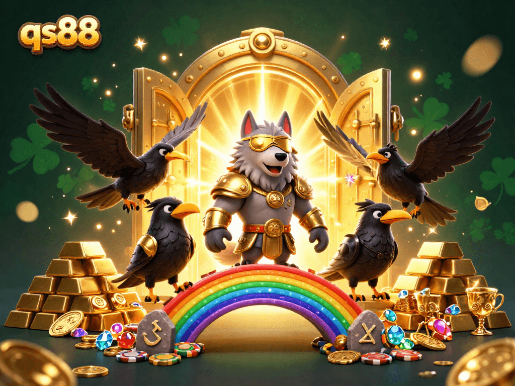 Experience the thrill of qs88 with an epic 3D illustration of a Norse-inspired scene filled with casino treasures and energy.