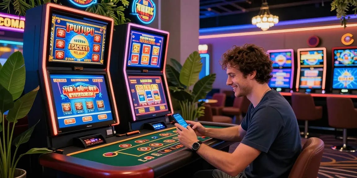 Casino en ligne retrait instantané avec joueur heureux utilisant son smartphone pour retirer des gains en un clic.