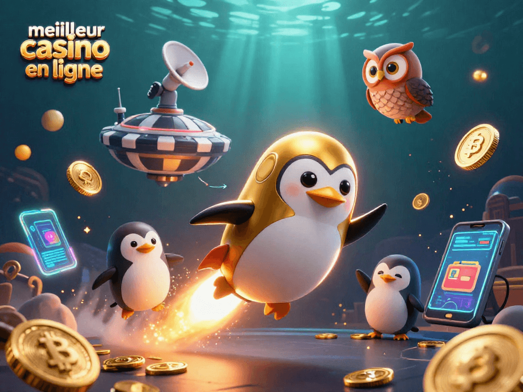 Obtenez des gains avec le meilleur casino en ligne et un pingouin doré propulsé par une fusée dans un univers futuriste.