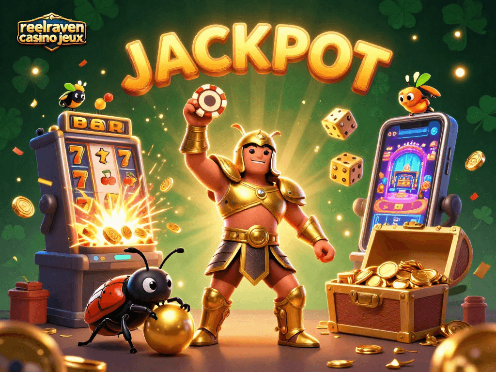 Découvrez les jeux du casino ReelRaven avec cette illustration dynamique, mettant en avant les jackpots et l'excitation des machines à sous.