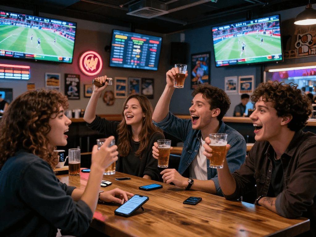 Scène de paris sportif crypto animée dans un bar, avec des amis regardant des événements sportifs en direct.