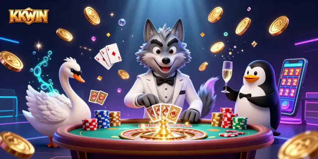 KKWIN casino themed illustration showcasing a debonair wolf, swan dealer, and penguin sommelier amidst vibrant gaming elements.