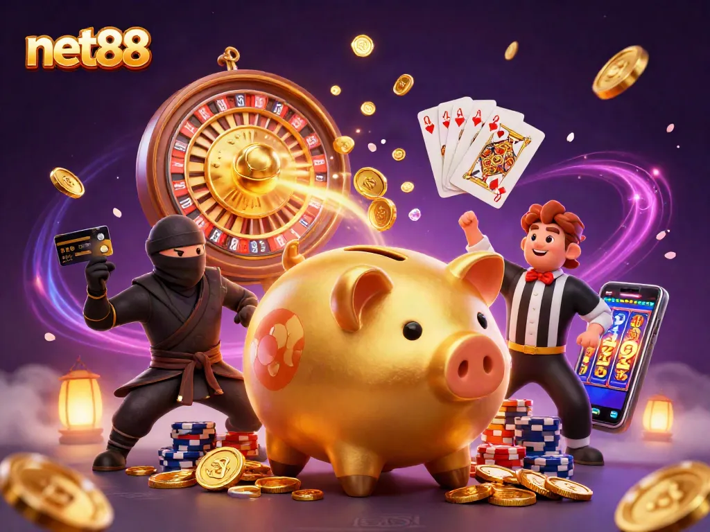 Experience thrilling gameplay with net88 as a golden piggy bank samurai battles in a vibrant casino world.