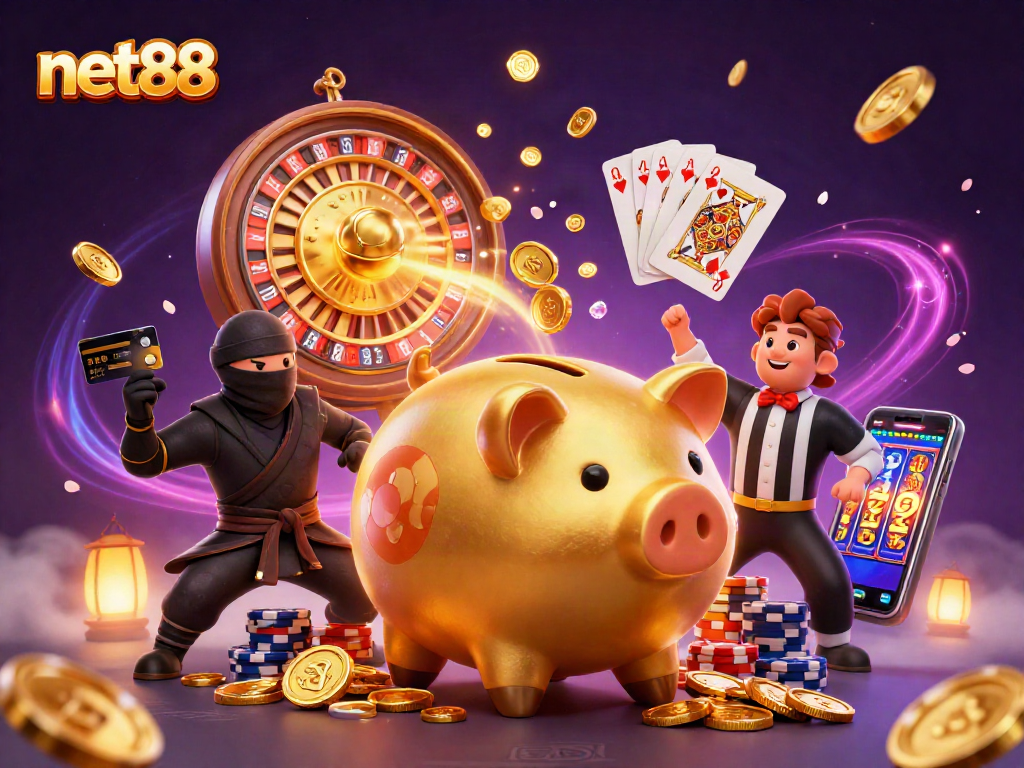 Experience thrilling gameplay with net88 as a golden piggy bank samurai battles in a vibrant casino world.