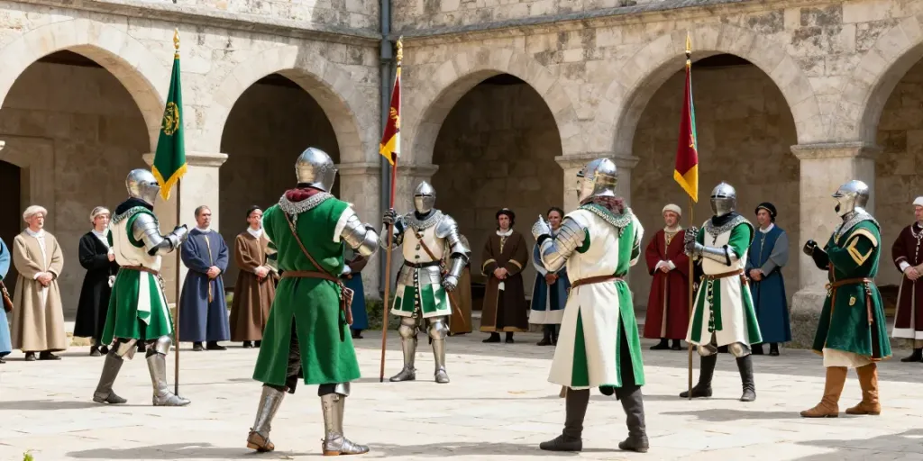 The knights of the Ordre de Saint Lazare engaging in a ceremonial event in a medieval courtyard.