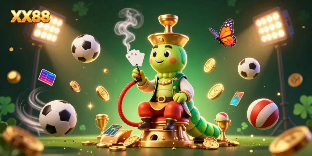 Experience the exciting world of XX88 with a vibrant 3D scene depicting a caterpillar hookah-master and dynamic gaming elements.