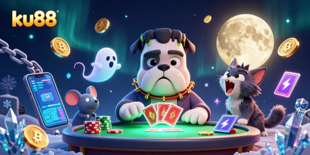 ku88 gambling scene featuring a Frankenstein bulldog and friends at a card table.