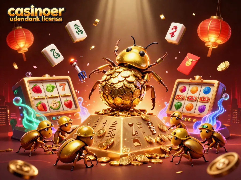 Engage with casinoer uden dansk licens by observing a golden beetle rolling coins atop a pyramidal structure.