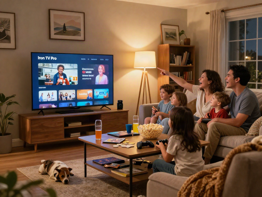 La famille profitant d'Iron TV Pro dans leur salon, moment de joie et de convivialité.