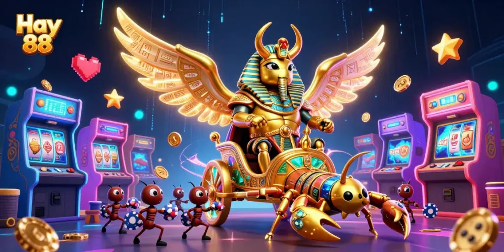 Engage with Hay 88's vibrant casino world featuring a golden scarab beetle, scorpions, and arcade games.