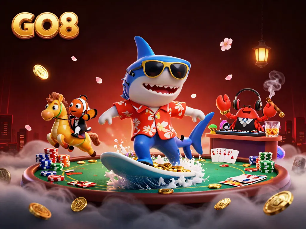 GO8 brings thrilling casino action with a surfing shark and vibrant gaming elements.
