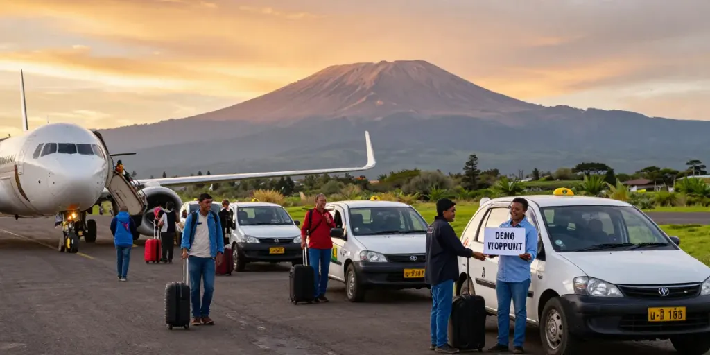 Taxi de l'aéroport de Kilimanjaro à Arusha, scène d'accueil avec chauffeurs souriants.