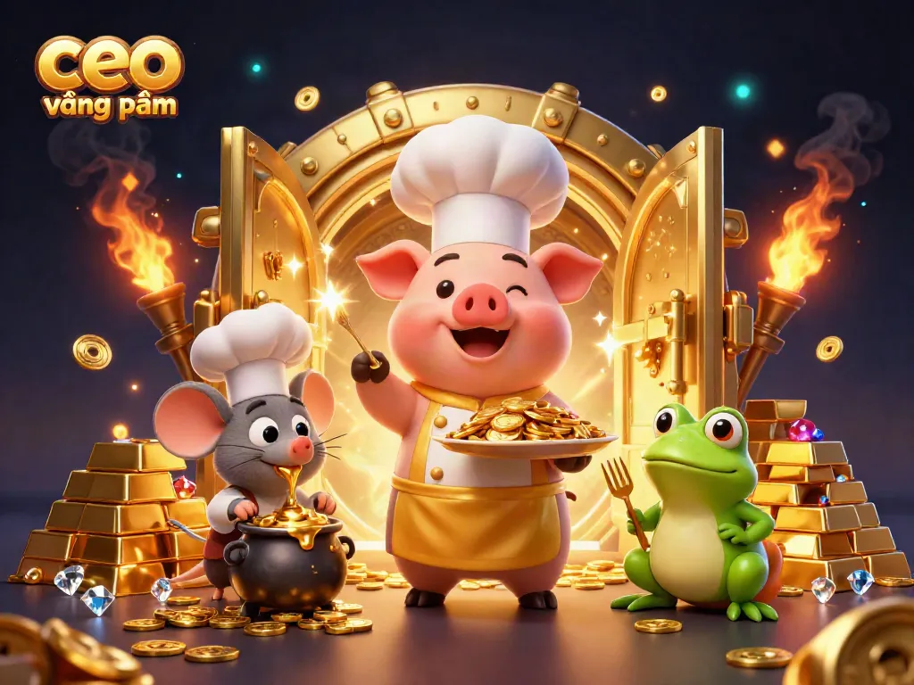 Engaging scene with ceo vương phạm theme, a pig chef serving gold coins and a mouse chef.