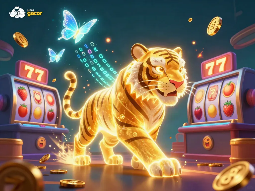 Celebrate winning moments with vibrant golden tiger in a digital casino, featuring situs slot gacor.