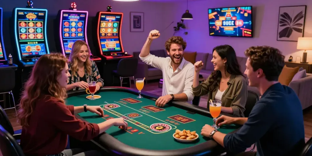 Exciting online casino gaming experience at https://www.jokacasino.live/fr with friends celebrating wins.