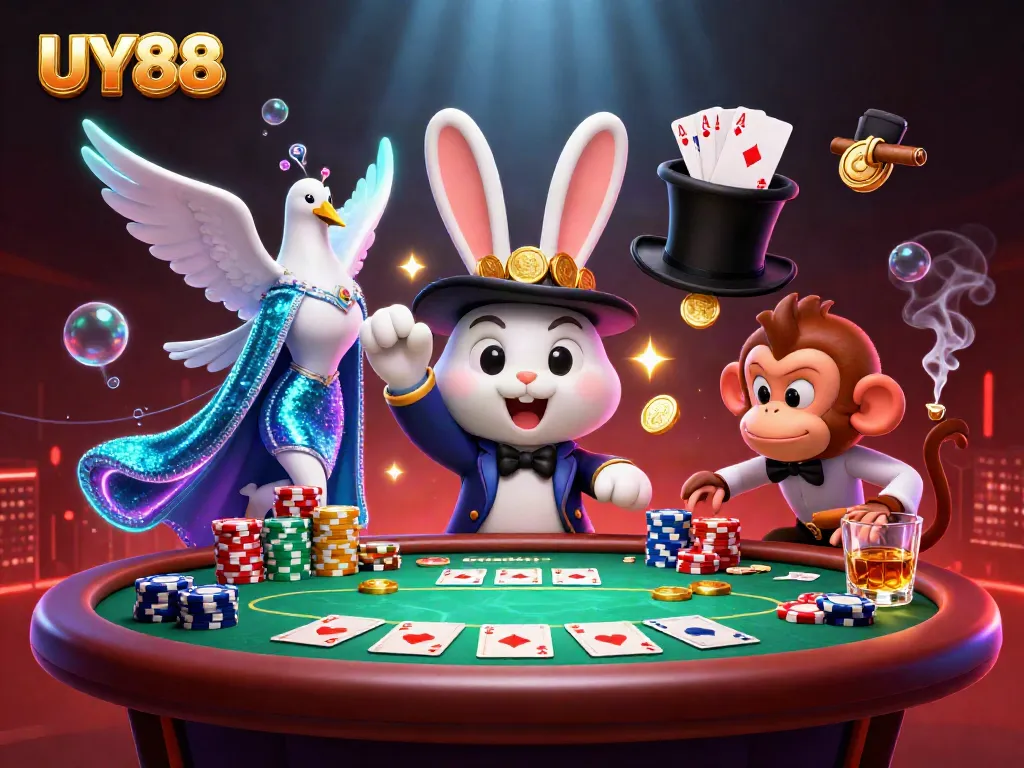 UY88 magician rabbit pulling golden coins amid poker elements, illustrating lively casino entertainment.