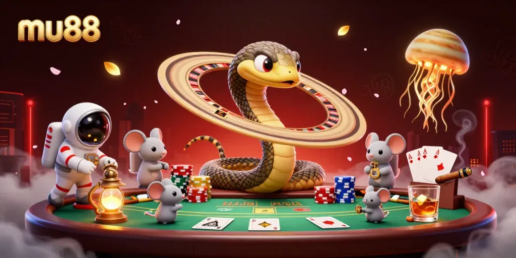 Engaging scene of mu88 featuring astronaut mice gambling, dynamic casino elements, and rich cosmic setting