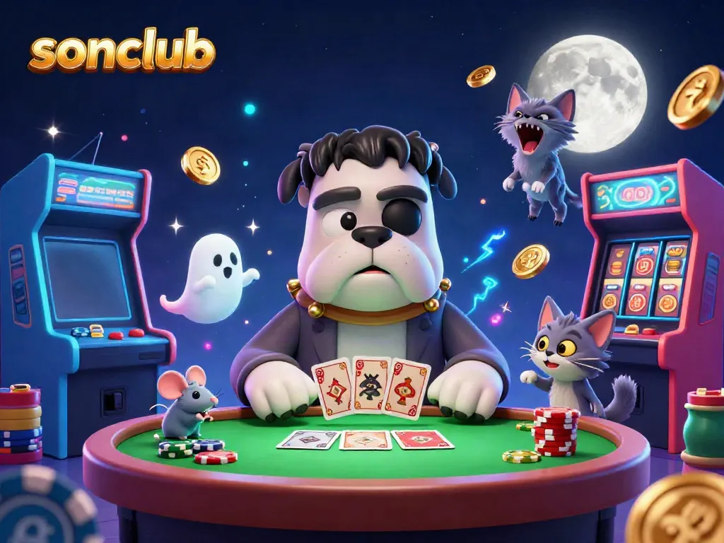 Engage with the thrilling atmosphere of sonclub, featuring a Frankenstein bulldog dealing cards amidst colorful casino gaming elements.