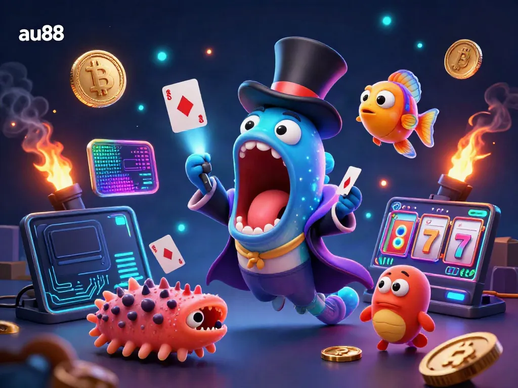 Experience card tricks in a vibrant casino scene featuring au88, complete with magical sea creatures and crypto elements.