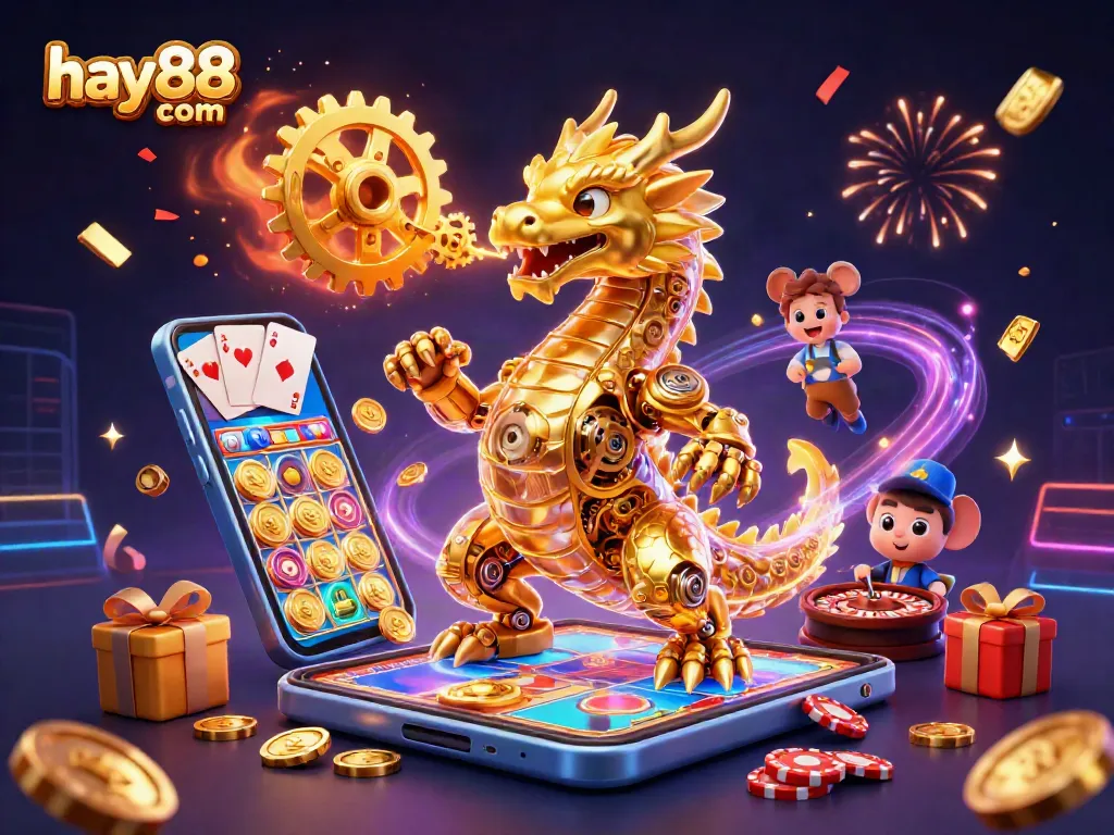 Play exciting games at hay88 com with a dynamic scene featuring a golden dragon and 3D casino elements.