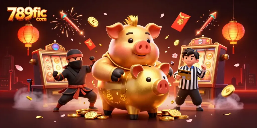 Join the excitement at 789fic com, where a golden piggy bank wrestler stomps for jackpot wins amid dynamic casino elements.