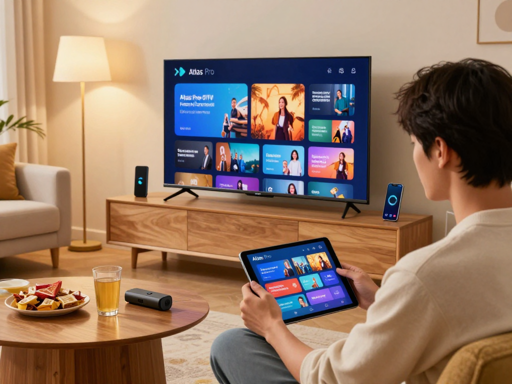 Configuration de l'Atlas Pro ONTV dans un salon moderne avec TV intelligente et smartphone.