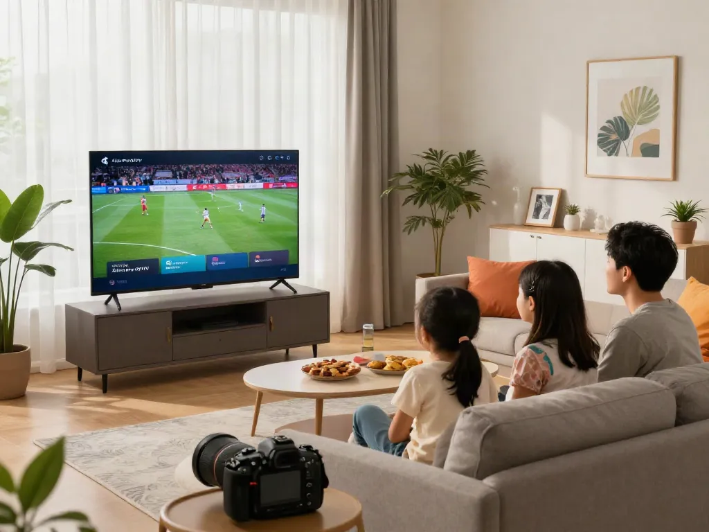 Une famille profitant de l'application Atlas Pro ONTV dans un salon moderne, regardant des chaînes en direct.