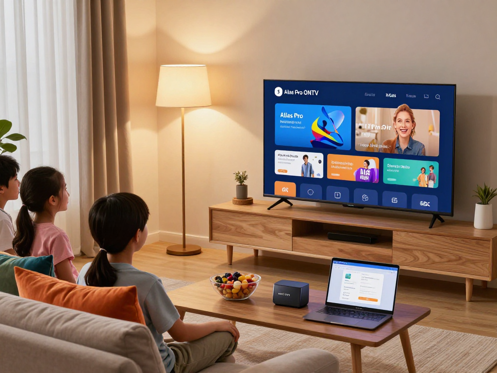 Personne profitant de l'application atlas pro ontv sur Smart TV avec sa famille