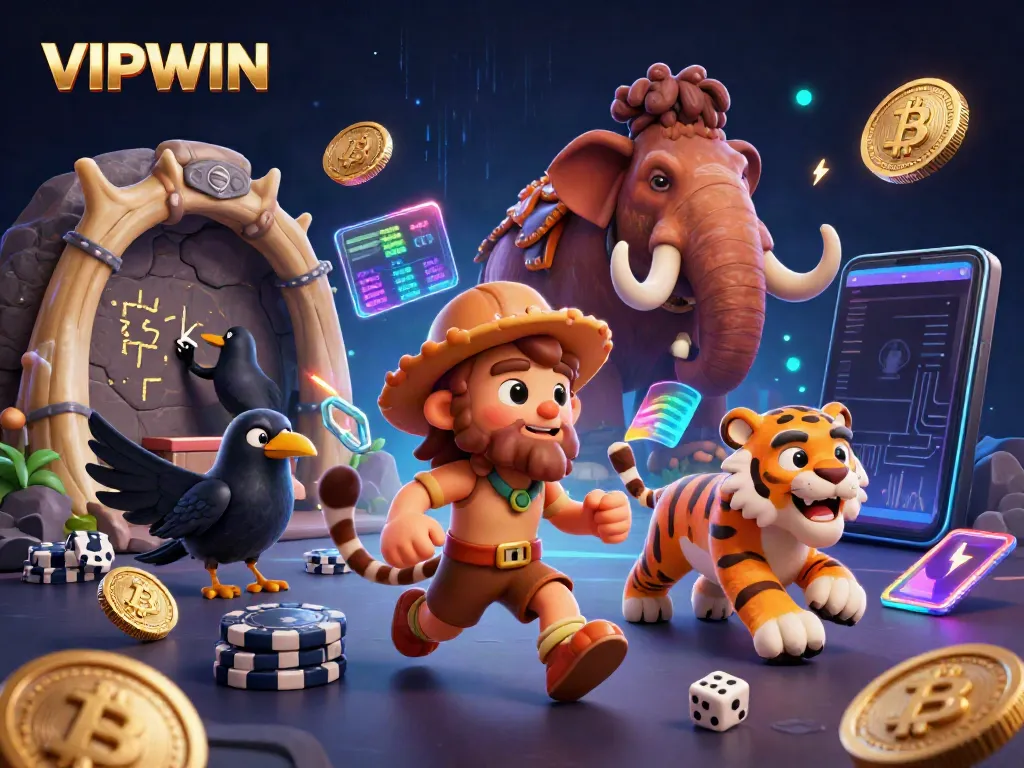 Experience the excitement of VIPWIN with a vibrant 3D illustration of prehistoric casino action.