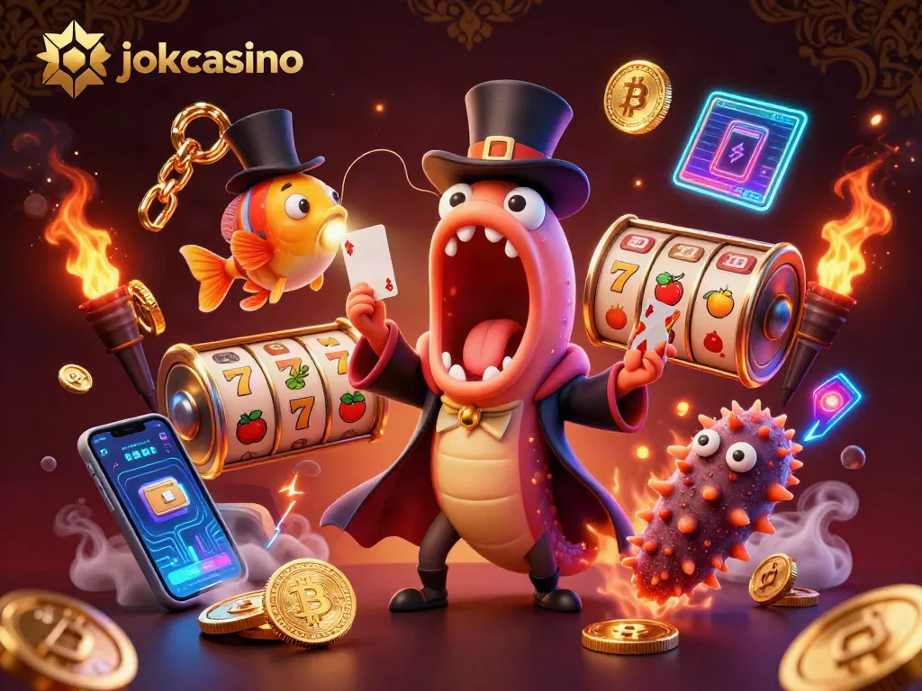 Découvrez le spectacle de jokacasino avec un poisson-lanterne et une anguille réalisant des tours de magie sous les lumières scintillantes des jackpots.