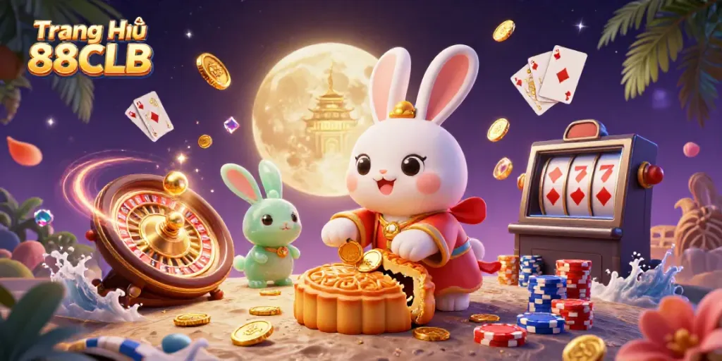 Engage with the thrilling world of Trang Chủ 88CLB as the moon rabbit reveals poker chips from mooncakes amidst a vibrant casino atmosphere.