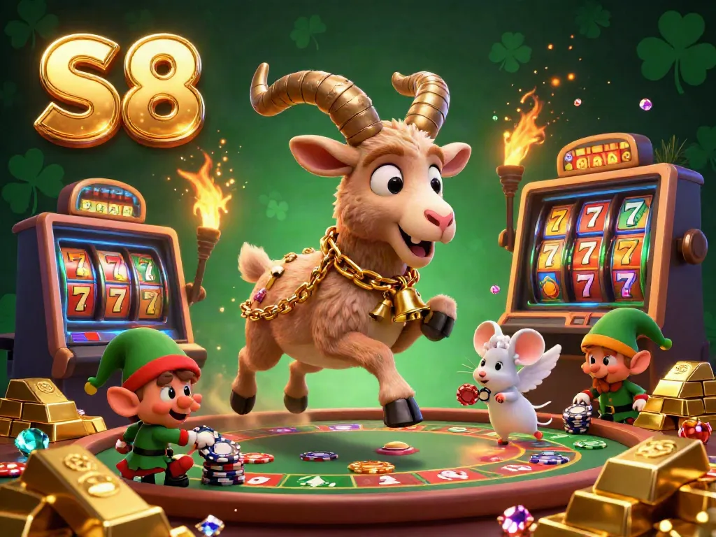 Engage with the festive chaos at the S8 casino featuring Krampus and mischievous elves amid sparkles and gold.