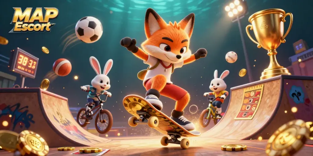 Engage with MAP Escort in a thrilling casino-themed scene featuring cartoon fox and rabbit bursting with playful energy.