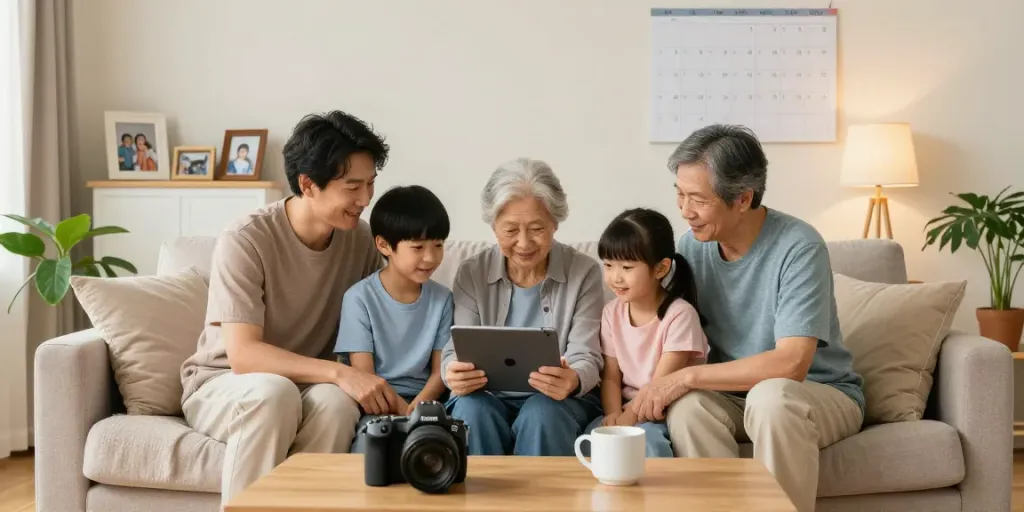 Application pour aidants familiaux montrant une famille rassemblée autour d'une tablette pour coordonner les soins.