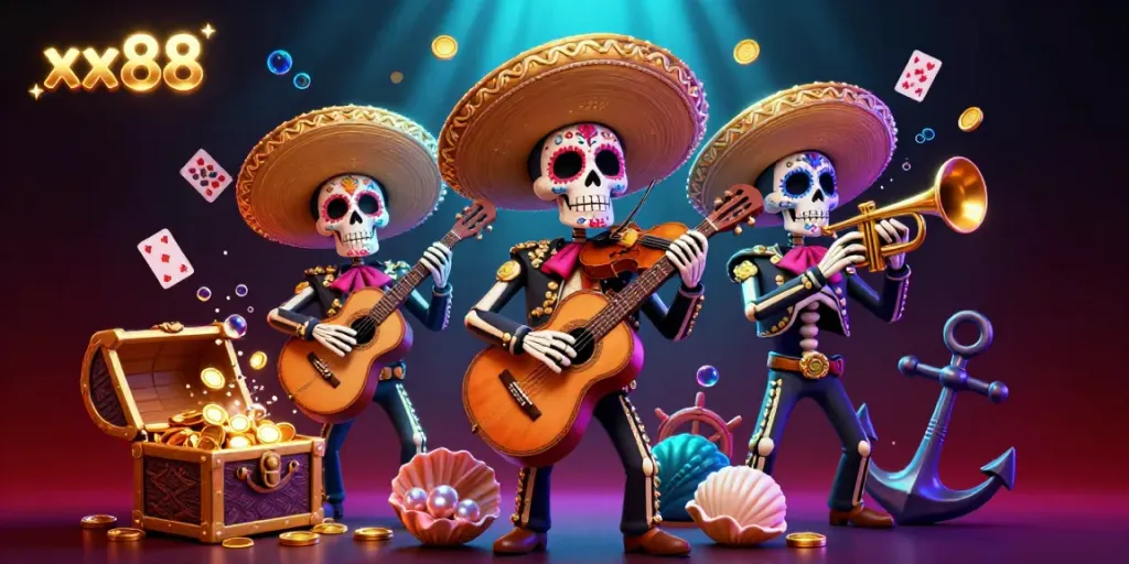 Experience the thrilling ambiance of xx88 casino games with vibrant mariachi skeletons amidst underwater treasures.